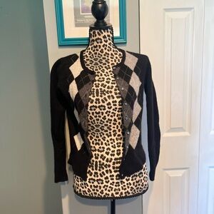 Argyle Pattern Black and Gray Women's 100% Cashmere Sweater